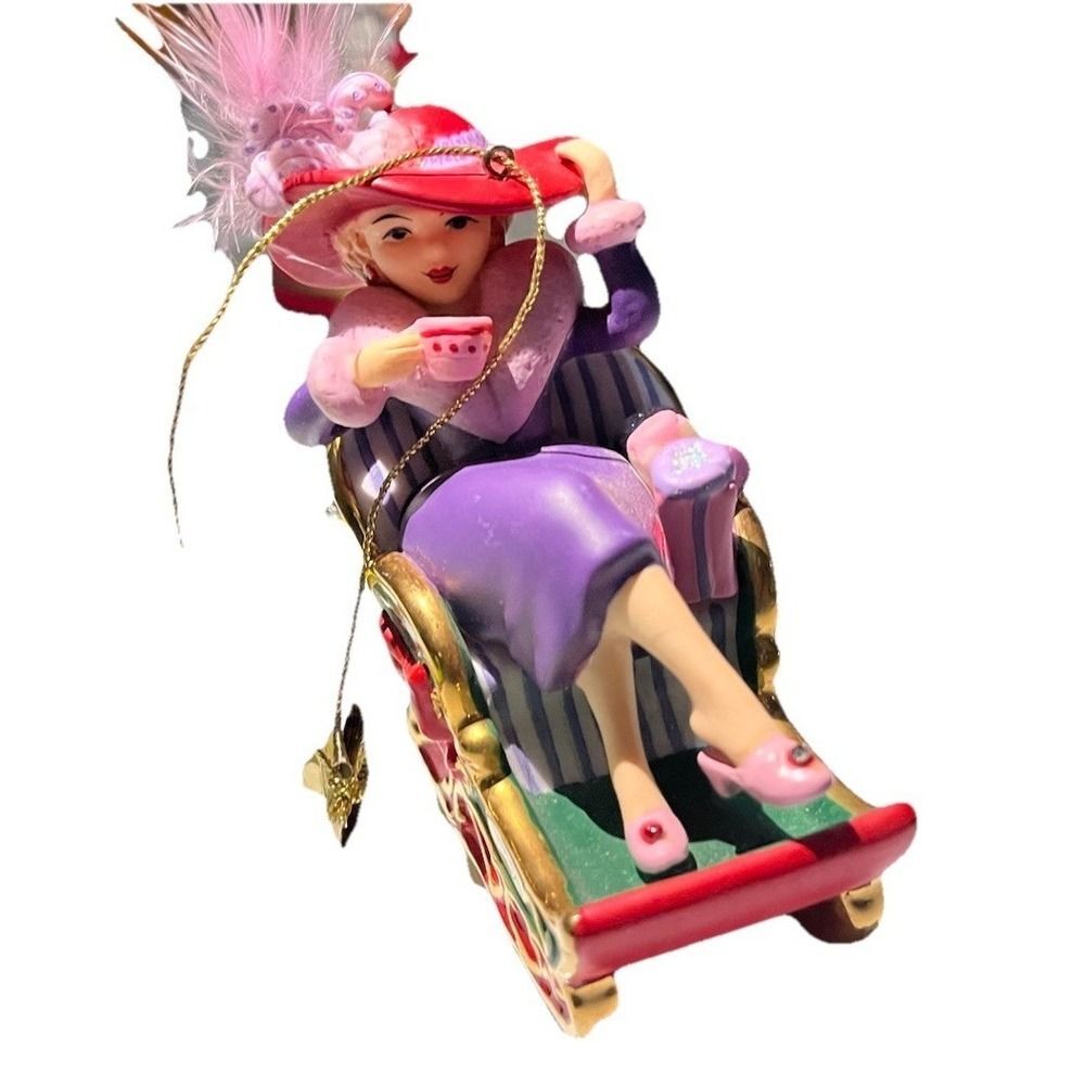 Vtg 2007 Red Hat Society Sleigh Ornament Lady in Purple Teacup Christmas Decor